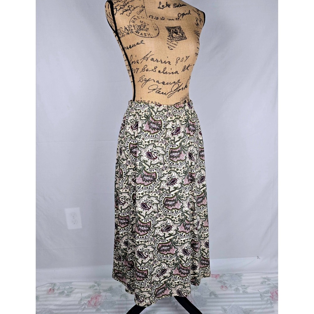Vintage Van‎ Heusen for Her Paisley Maxi Skirt Cotton Elastic Waist Green Large